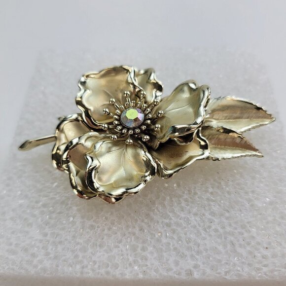 Vintage Signed Coro Matte Gold-Tone AB Rhinestone Flower Brooch 3.5 in - Picture 1 of 7